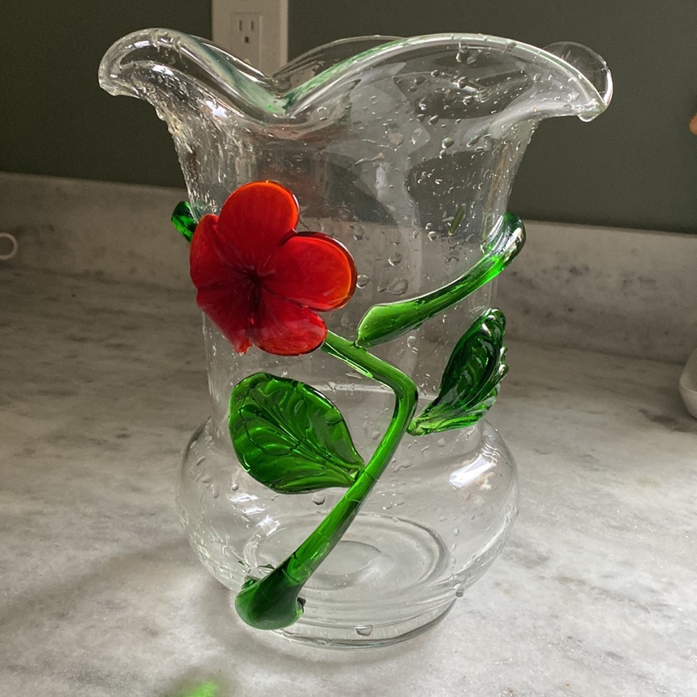 Mid century modern vase with Murano style appliqué red and green glass appliqué